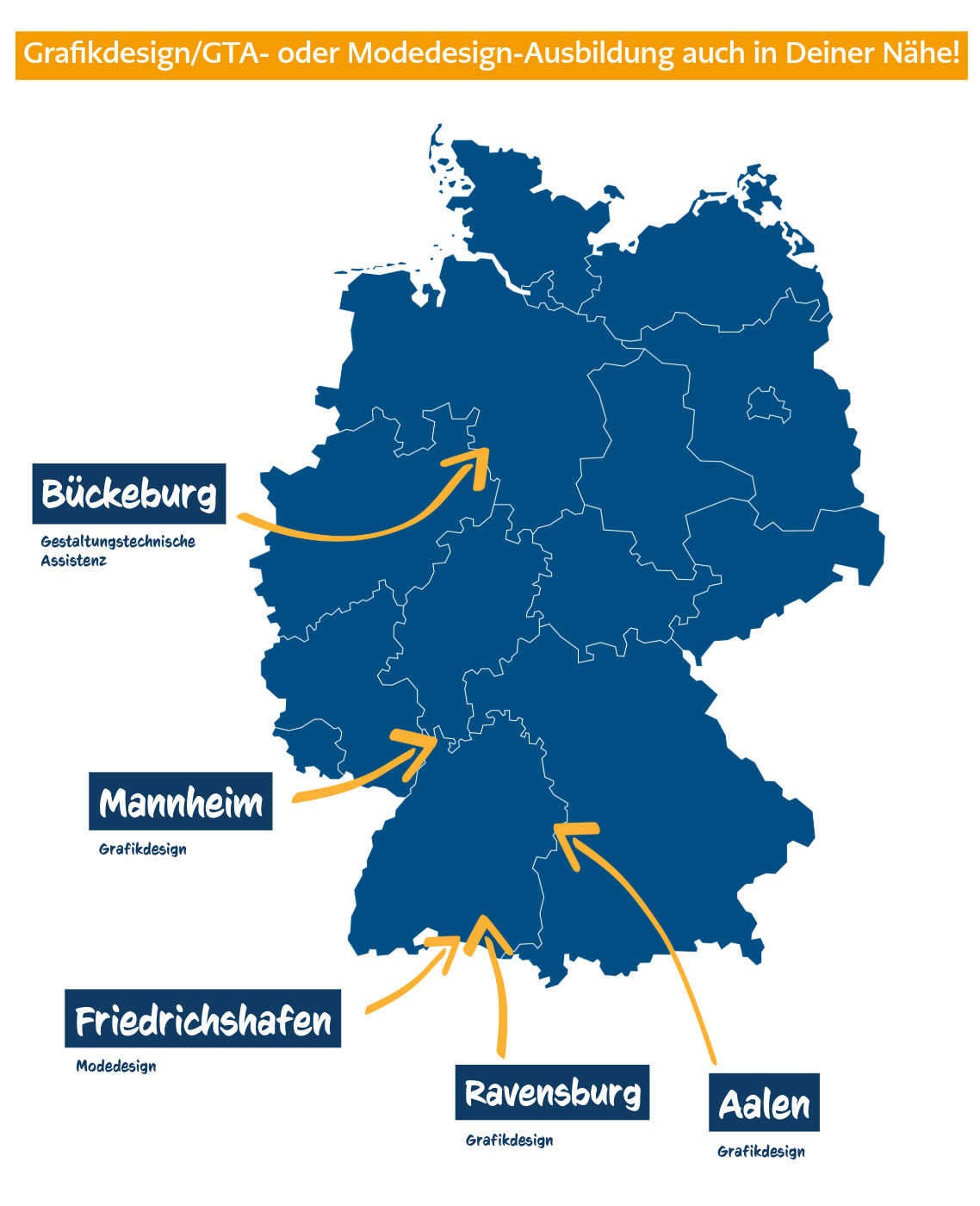 Deutschlandkarte mit Standorten für die GD, GTA und Modedesign-Ausbildungen.